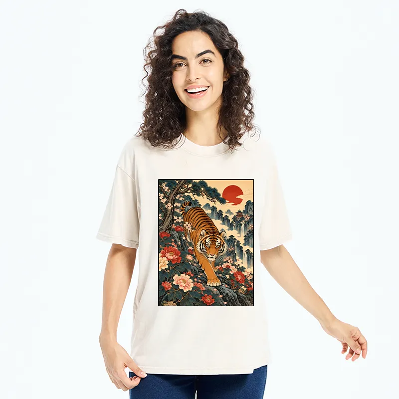 Tokyo-Tiger Vintage Ukiyo Wild Tiger Floral Graphic Washed T-Shirt