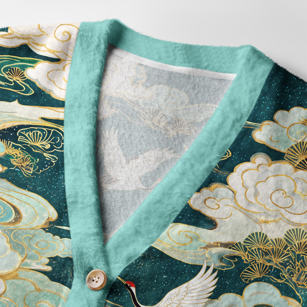 Tokyo-Tiger Soaring Cranes Gilded Clouds Ugly Cardigan Sweater