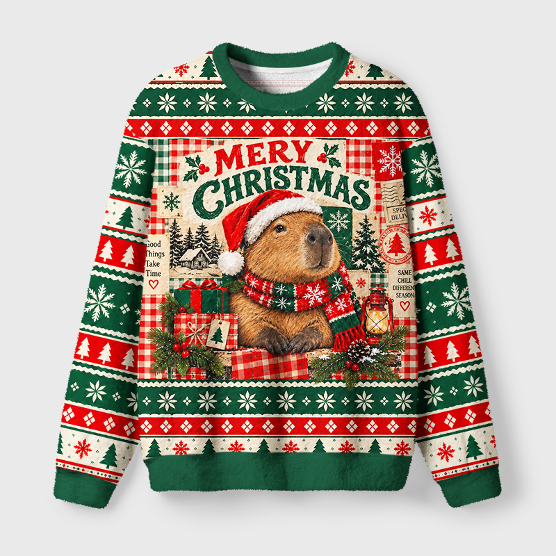 Tokyo-Tiger Capybara Christmas Vibes Fuzzy Christmas Ugly Sweatshirt