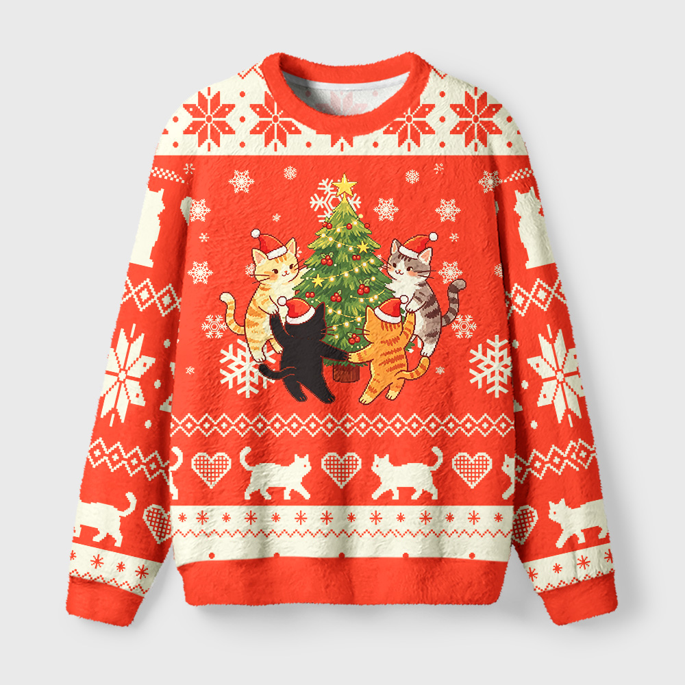 Tokyo-Tiger Kittens Decorating Tree Fuzzy Christmas Ugly Sweatshirt