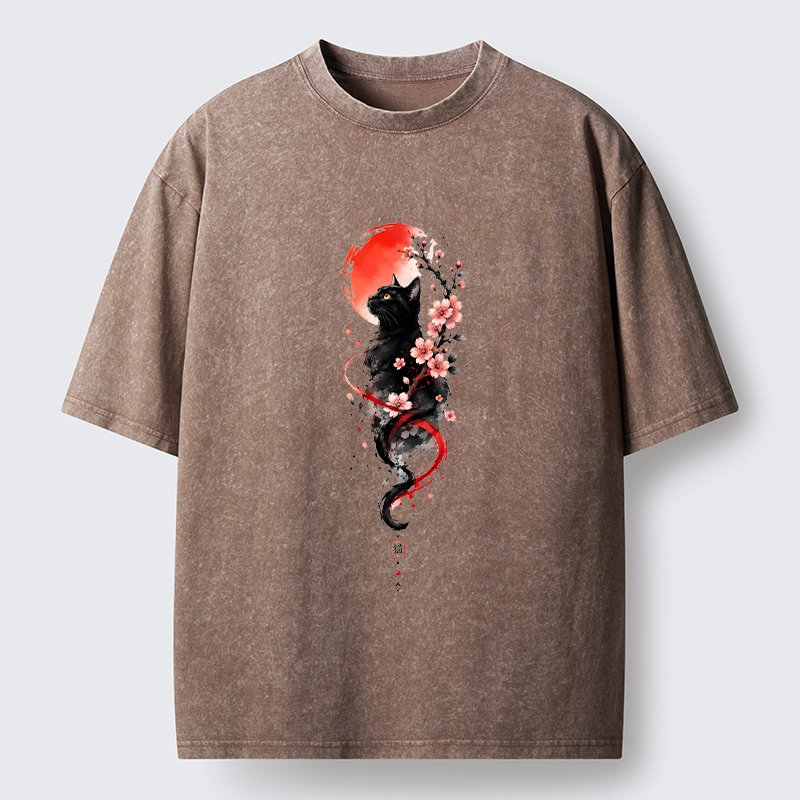 Tokyo‑Tiger Sakura Black Cat Art Washed T‑Shirt