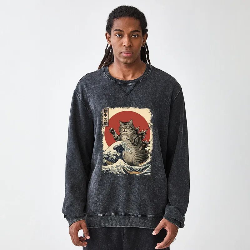 Tokyo-Tiger Catzilla Is Causing Destruction Washed Terry Sweatshirt