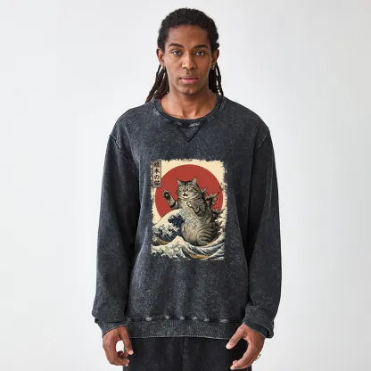 Tokyo-Tiger Catzilla Is Causing Destruction Washed Terry Sweatshirt