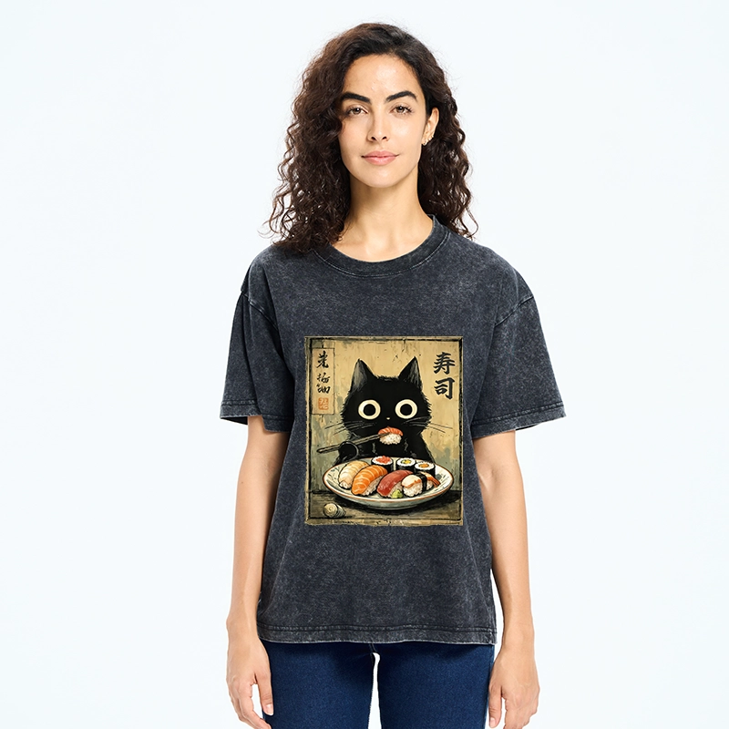 Tokyo-Tiger Vintage Japanese Sushi Cat Washed T-Shirt