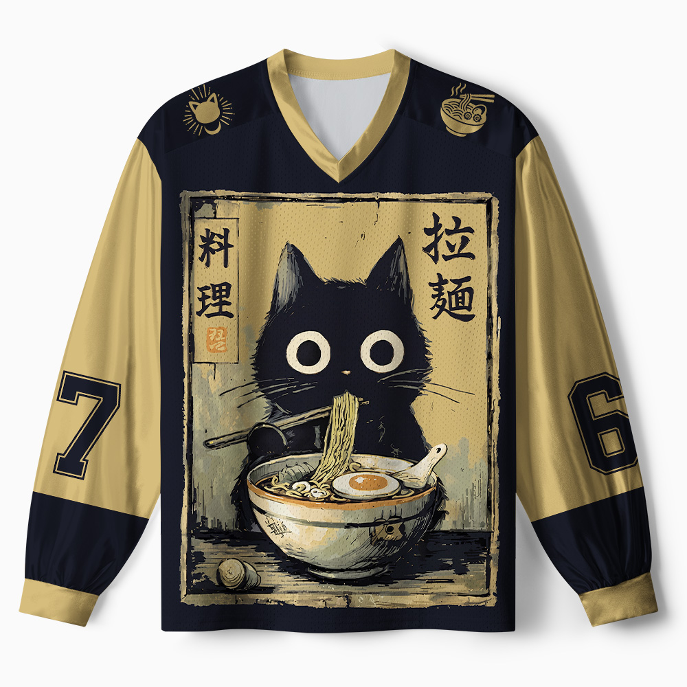 Tokyo-Tiger Happy Cat Eats Ramen Paneled Long Sleeve Jersey