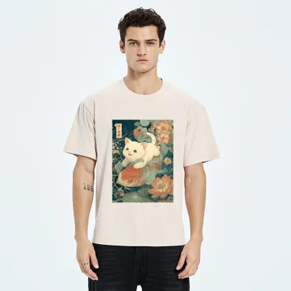 Tokyo-Tiger Cat And Koi Washed T-Shirt