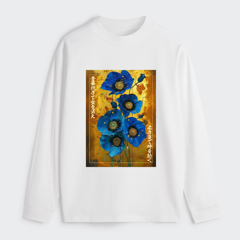 Tokyo-Tiger Shiny Blue Flower Warm Golden Background Classic Long Sleeve T-Shirt