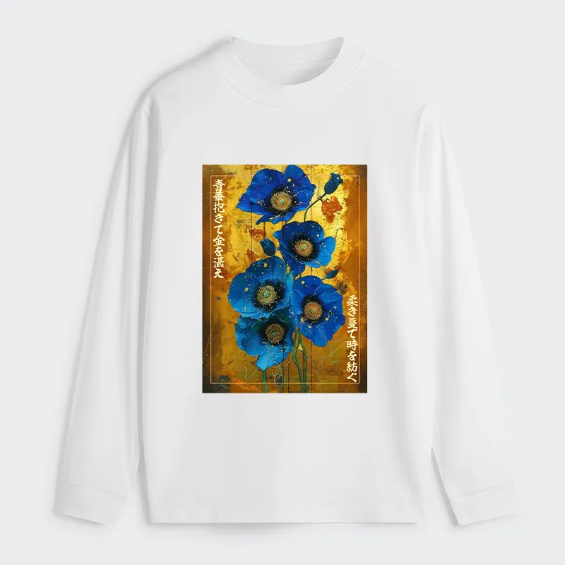 Tokyo-Tiger Shiny Blue Flower Warm Golden Background Classic Long Sleeve T-Shirt