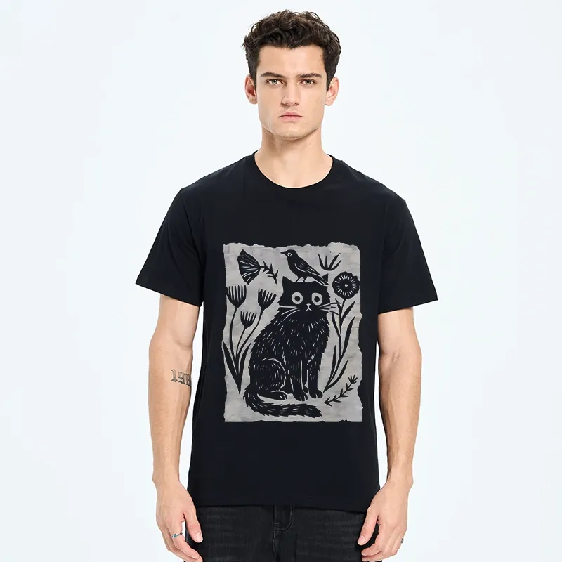 Tokyo-Tiger Folk Paper Cut Cat Bird Floral Art Classic T-Shirt