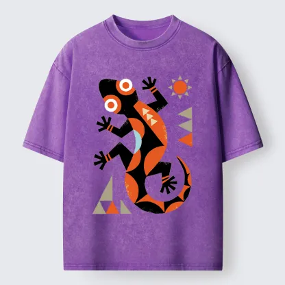 Tokyo-Tiger Abstract Geometric Gecko Washed T-Shirt