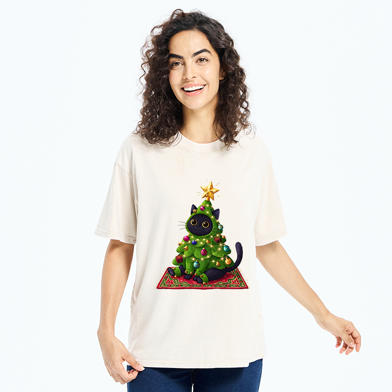 Tokyo-Tiger Cute Christmas Tree Cat Washed T-Shirt