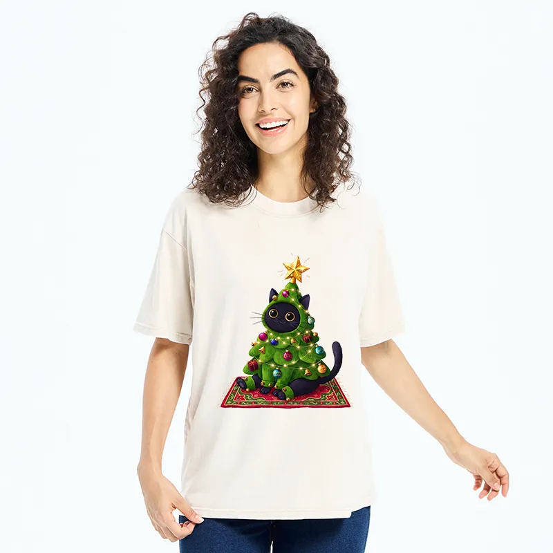 Tokyo-Tiger Cute Christmas Tree Cat Washed T-Shirt