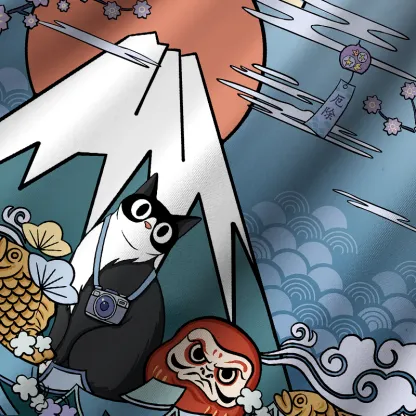 Tokyo-Tiger Mount Fuji Landscape With Cat Cuban Collar Shirt