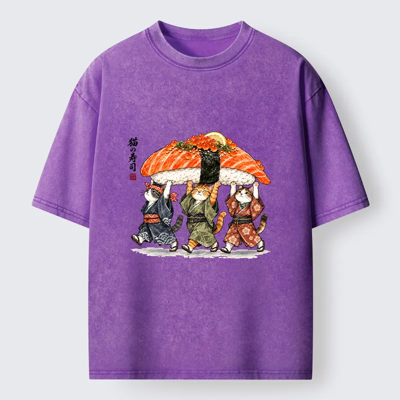 Tokyo-Tiger Funny Sushi Cat Crew Washed T-Shirt