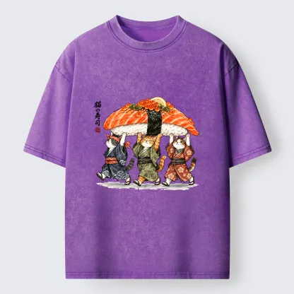 Tokyo-Tiger Funny Sushi Cat Crew Washed T-Shirt