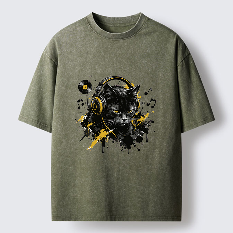 Tokyo-Tiger Black Cat Music Lover Washed T-Shirt