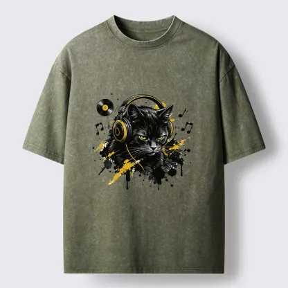 Tokyo-Tiger Black Cat Music Lover Washed T-Shirt
