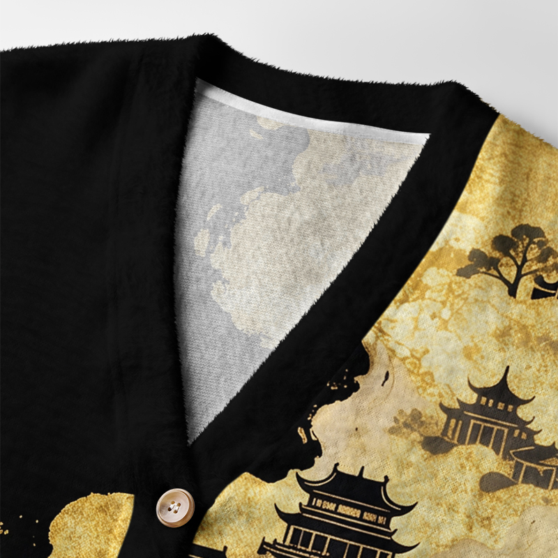 Tokyo-Tiger Vintage Oriental Landscape Ugly Cardigan Sweater