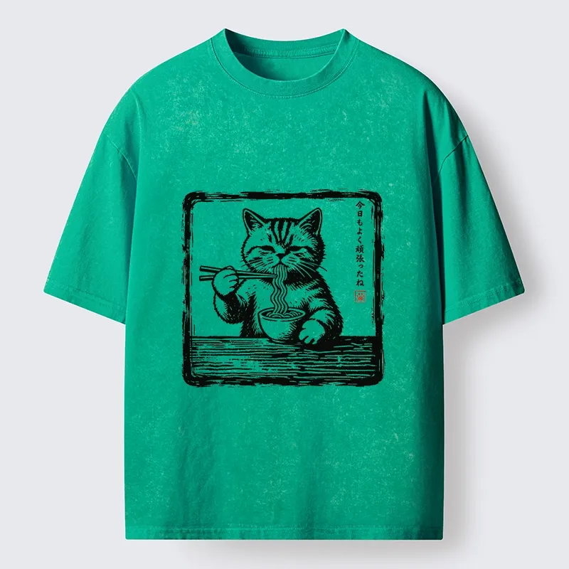 Tokyo‑Tiger Ramen Eating Cat Washed T‑Shirt