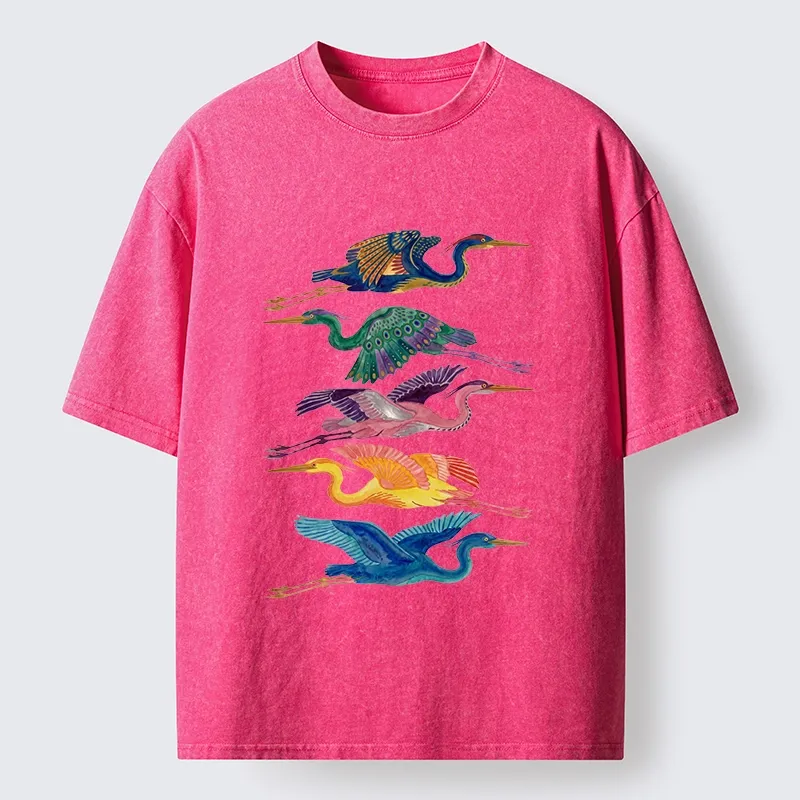 Tokyo‑Tiger Colorful Flying Cranes Washed T‑Shirt