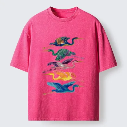 Tokyo‑Tiger Colorful Flying Cranes Washed T‑Shirt