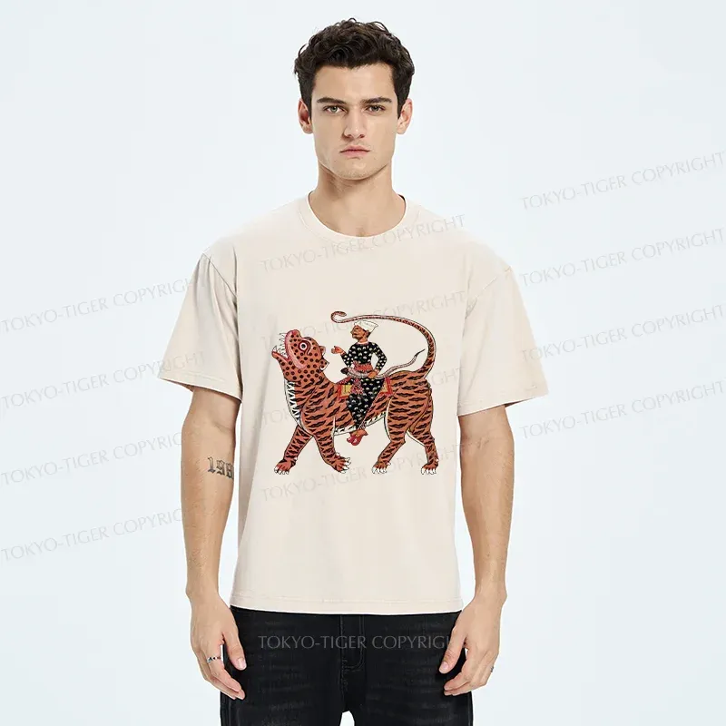 Tokyo-Tiger Man Riding A Tiger Washed T-Shirt