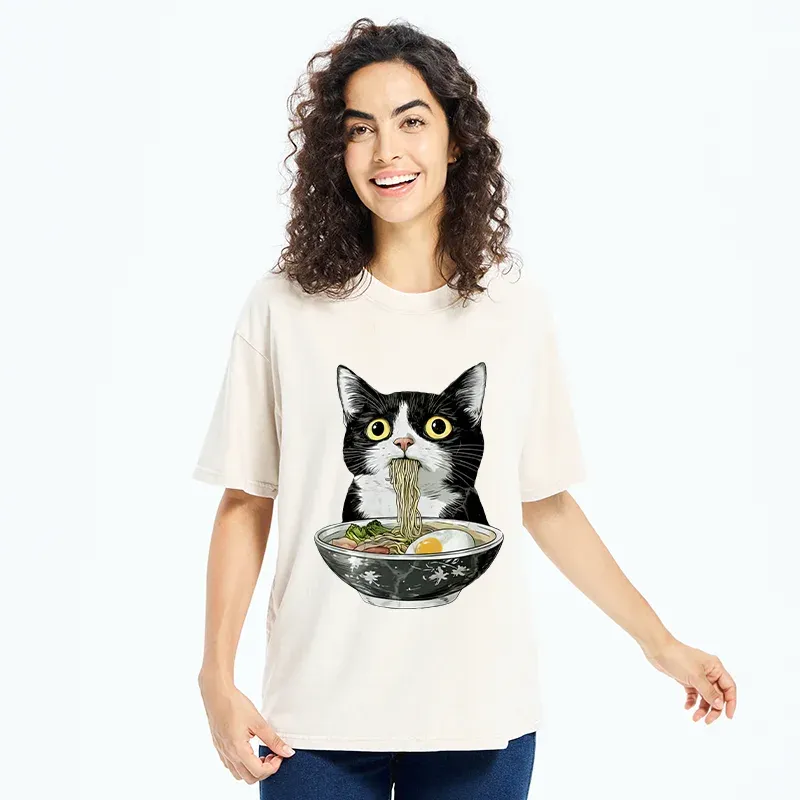 Tokyo-Tiger Cute Cat Eating Japan Ramen Washed T-Shirt