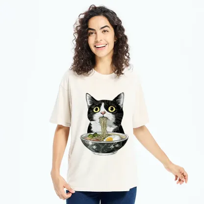 Tokyo-Tiger Cute Cat Eating Japan Ramen Washed T-Shirt