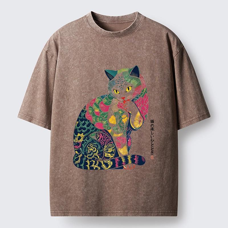 Tokyo‑Tiger Colorful Japanese Cat Washed T‑Shirt
