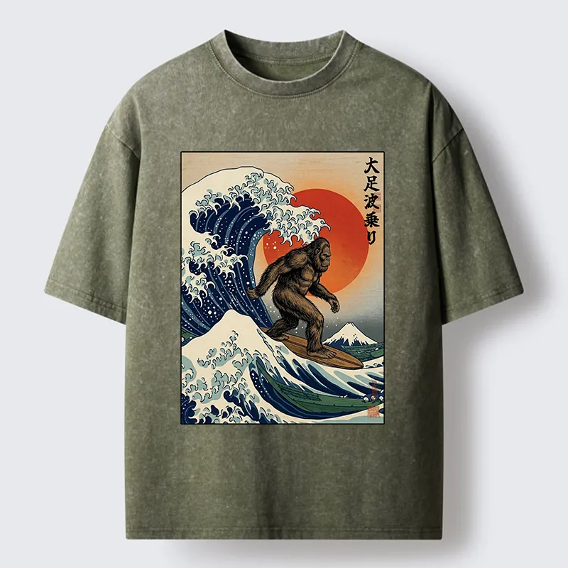 Tokyo-Tiger Monster Surf Wave Ukiyo Art Washed T-Shirt