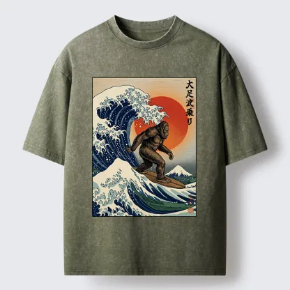 Tokyo-Tiger Monster Surf Wave Ukiyo Art Washed T-Shirt