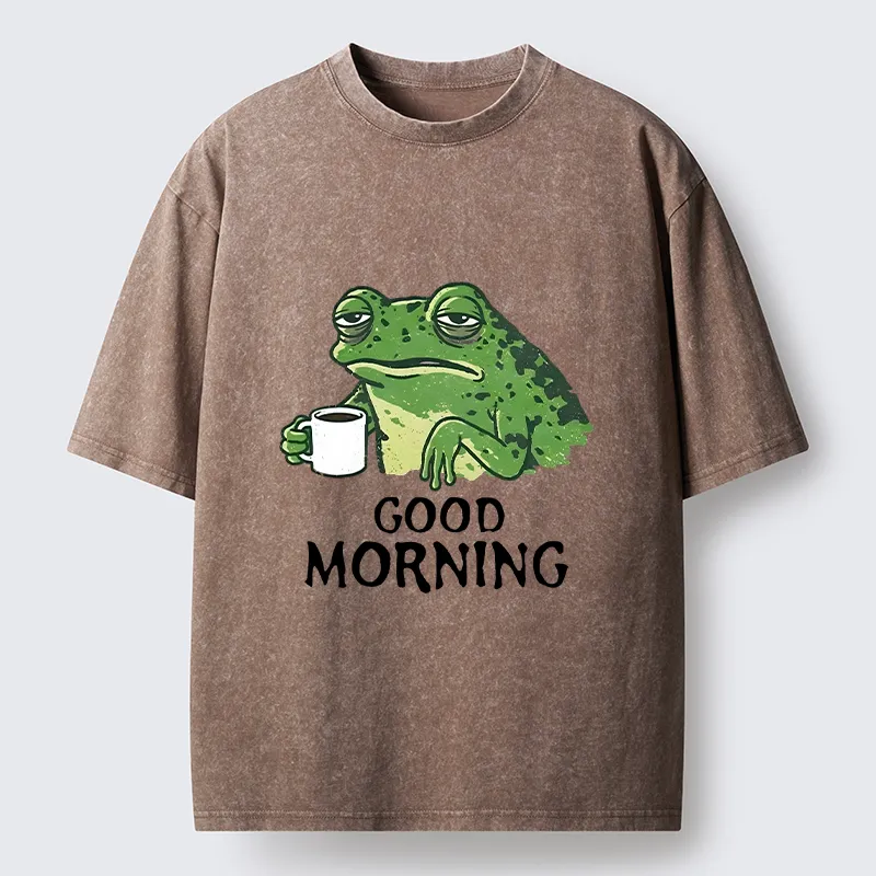 Tokyo-Tiger Morning Coffee Frog Meme Washed T-Shirt
