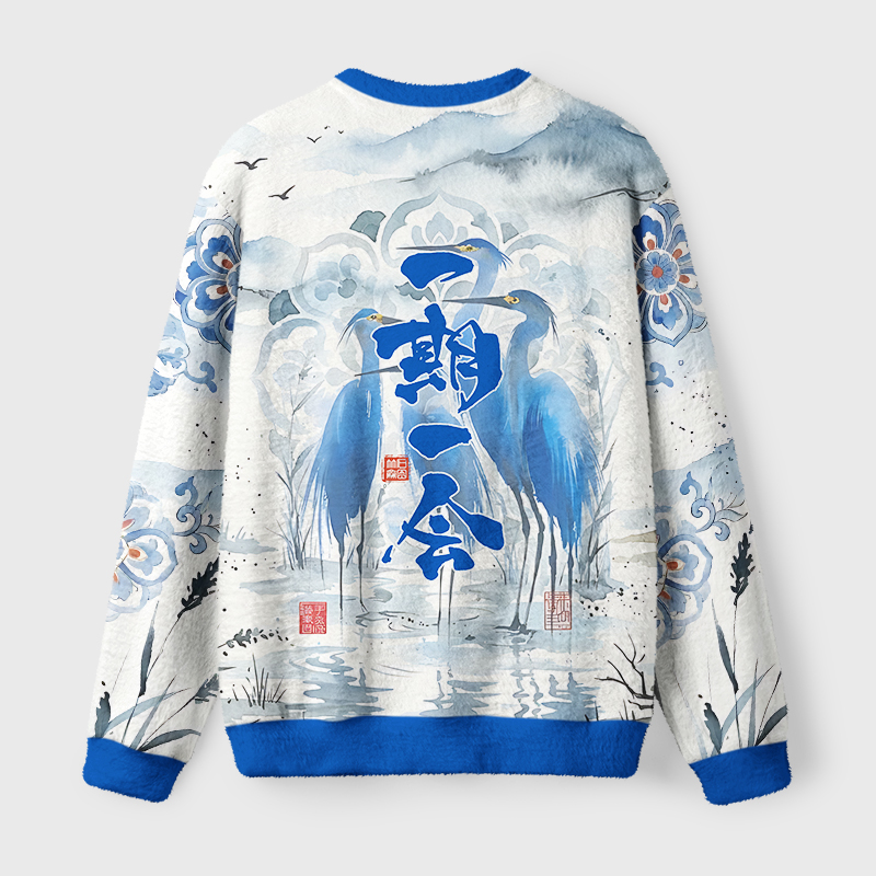 Tokyo-Tiger Four Blue Herons in the Mist Fuzzy Christmas Ugly Sweatshirt