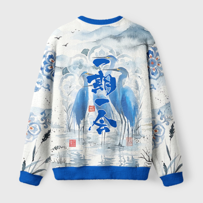 Tokyo-Tiger Four Blue Herons in the Mist Fuzzy Christmas Ugly Sweatshirt