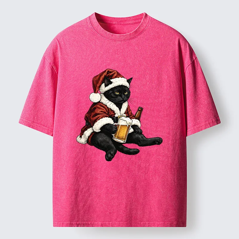 Tokyo-Tiger Chill Santa Black Cat Beer Time Washed T-Shirt