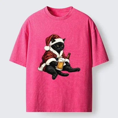 Tokyo-Tiger Chill Santa Black Cat Beer Time Washed T-Shirt