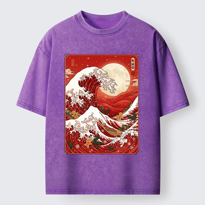 Tokyo-Tiger Gingerbread Surfing Christmas Wave Art Washed T-Shirt