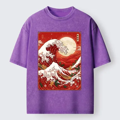 Tokyo-Tiger Gingerbread Surfing Christmas Wave Art Washed T-Shirt