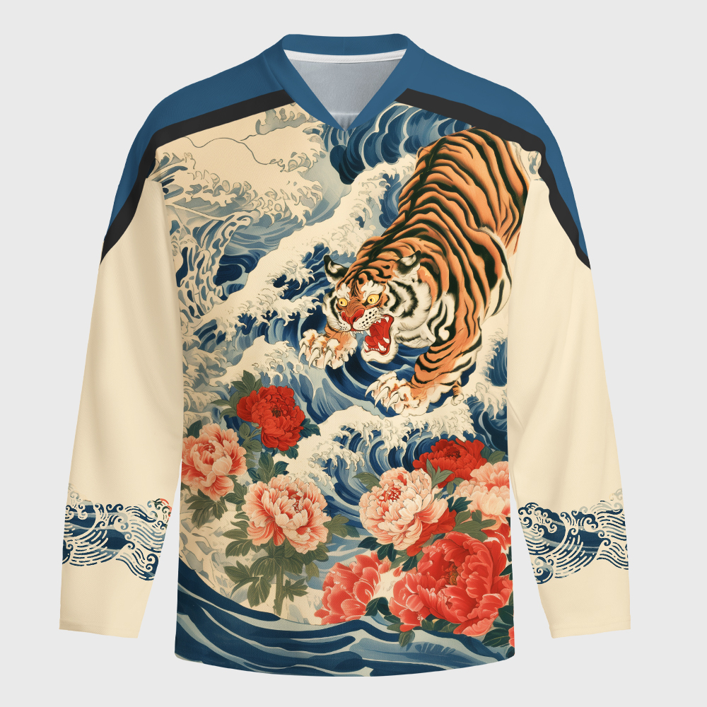 Tokyo-Tiger Tiger Of The Floral Surf Long-Sleeve Hockey Jersey