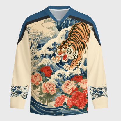 Tokyo-Tiger Tiger Of The Floral Surf Long-Sleeve Hockey Jersey