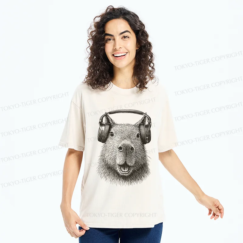 Tokyo-Tiger Capybara Listening To Music Washed T-Shirt
