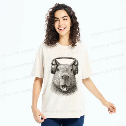 Tokyo-Tiger Capybara Listening To Music Washed T-Shirt