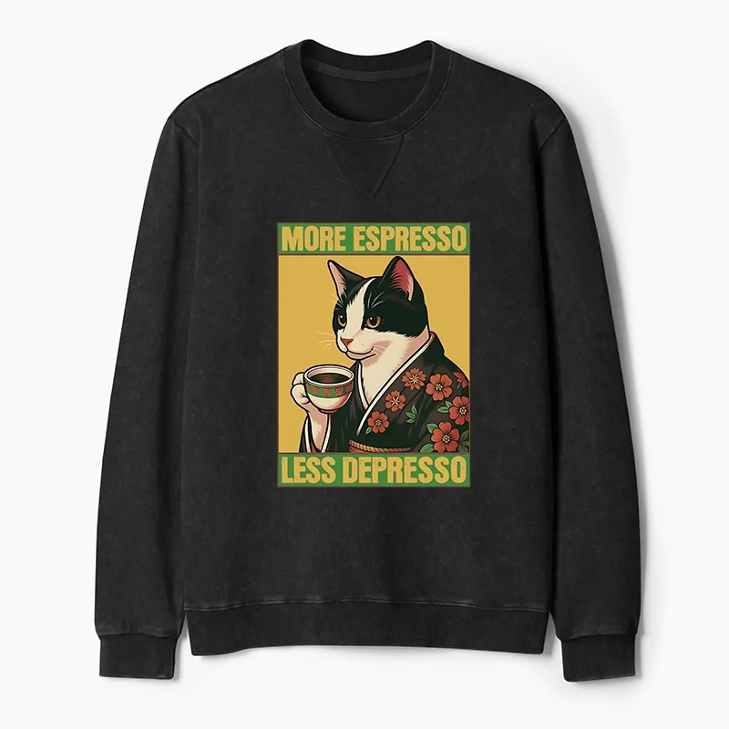 Tokyo-Tiger Tuxedo Cat Drinking Coffee Washed Terry Sweatshirt