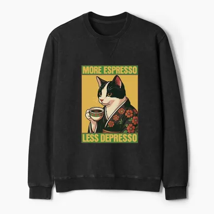 Tokyo-Tiger Tuxedo Cat Drinking Coffee Washed Terry Sweatshirt