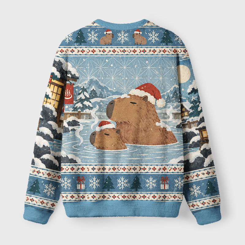 Tokyo-Tiger Capybara Winter Hot Spring Fuzzy Christmas Ugly Sweatshirt