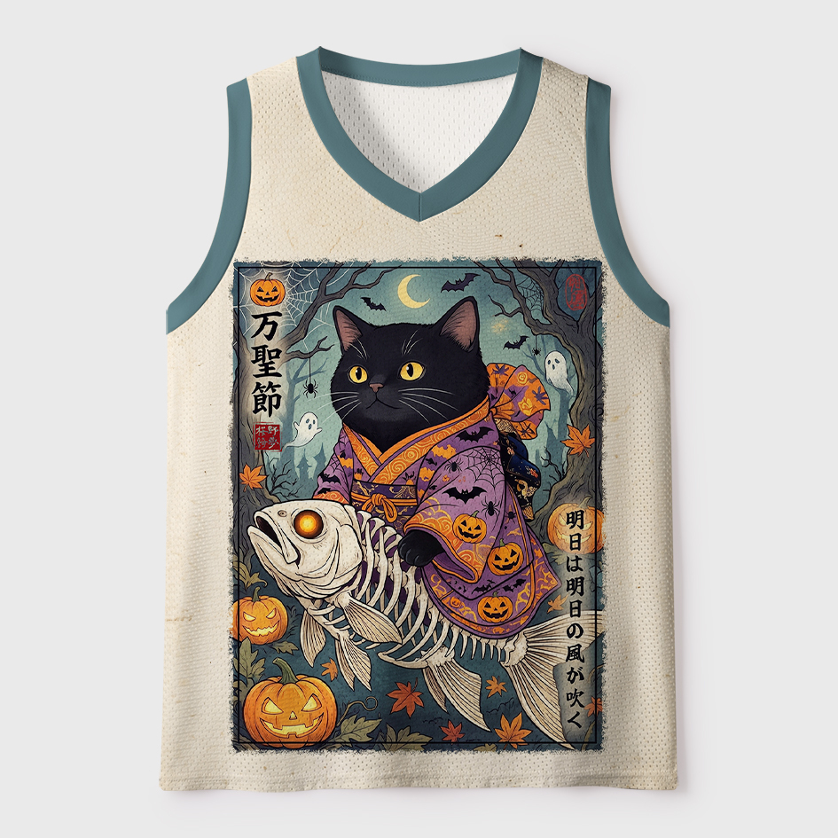Tokyo-Tiger Halloween Black Cat Riding Fish Skeleton Mesh Tank Top Sale