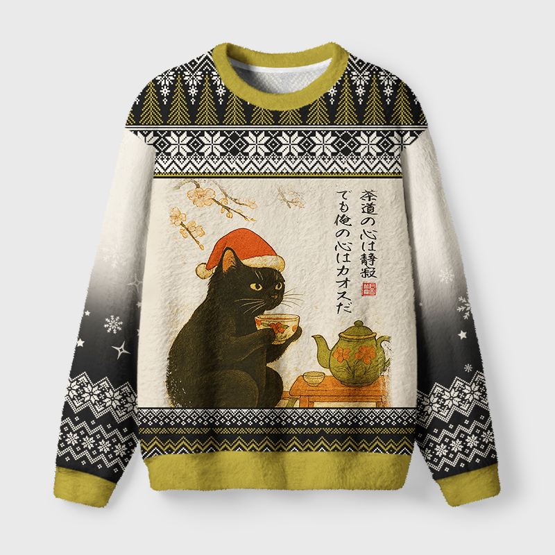 Tokyo-Tiger  Black Cat Drinking Tea Fuzzy Christmas Ugly Sweatshirt