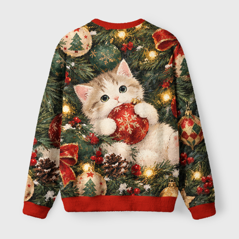 Tokyo-Tiger Bauble Hugging Cat Fuzzy Christmas Ugly Sweatshirt