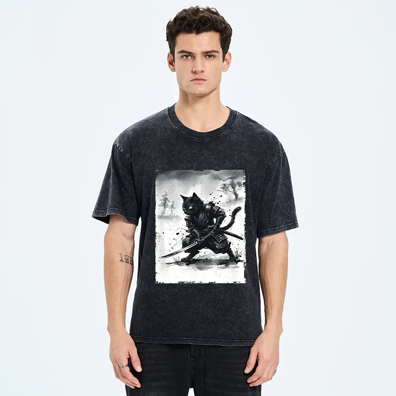 Tokyo-Tiger Ink Samurai Cat Art Washed T-Shirt