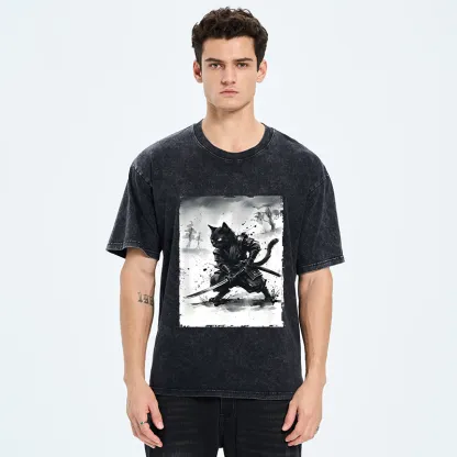 Tokyo-Tiger Ink Samurai Cat Art Washed T-Shirt